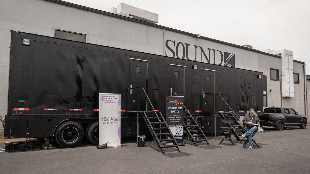 Remote Production Group’s recently overhauled Gemini mobile music truck parked outside Black River Entertainment’s Backstage Studio for the day, hosting stereo and immersive listening sessions in the vehicle’s two 7.1.4 Dolby Atmos control rooms. Photo: Future/Kevin Craig
