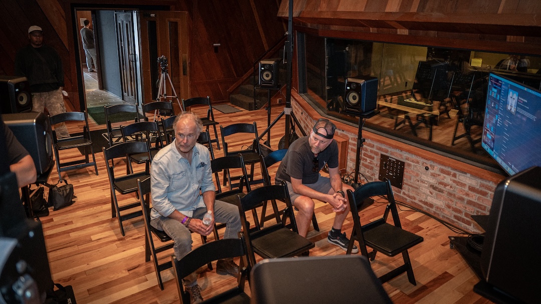A couple of Nashville heavy-hitters—producer and engineer Ben Fowler, left, and songwriter, producer, engineer Nick Autry—sit down for a private listening session of the KRK 7.1.4 monitoring system, featuring the new V-Series Five line of speakers. Photo: Future/Kevin Craig