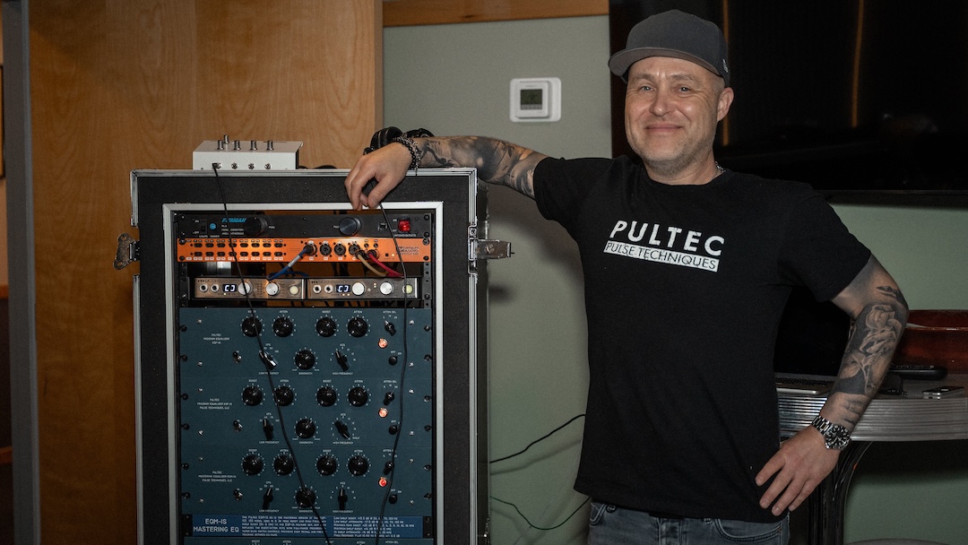 Wolff Audio CEO Jay Porter, showcasing the company’s recent acquisition of Pultec outside Studio Six at Curb 28 Studios. Photo: Future/Kevin Craig