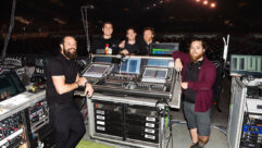 The Whatever’s Clever World Tour audio crew (left to right): PM/FOH Engineer Mike Schaeffer, Monitor Engineer Josh Cruz, RF/Monitor Tech Noah Silverman, PA/FOH Tech Harrison Maher, and System Engineer Tony Toneatti at the tour’s DiGiCo-driven FOH mix position. Photo: Grace Tom.