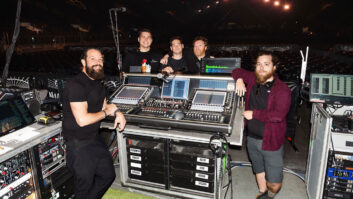 The Whatever’s Clever World Tour audio crew (left to right): PM/FOH Engineer Mike Schaeffer, Monitor Engineer Josh Cruz, RF/Monitor Tech Noah Silverman, PA/FOH Tech Harrison Maher, and System Engineer Tony Toneatti at the tour’s DiGiCo-driven FOH mix position. Photo: Grace Tom.