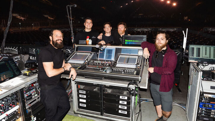 The Whatever’s Clever World Tour audio crew (left to right): PM/FOH Engineer Mike Schaeffer, Monitor Engineer Josh Cruz, RF/Monitor Tech Noah Silverman, PA/FOH Tech Harrison Maher, and System Engineer Tony Toneatti at the tour’s DiGiCo-driven FOH mix position. Photo: Grace Tom.