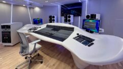 LEC Studios' SSL Origin 32-channel analog console mounted in sculptural furniture custom-designed and built by Malvicino Design Group.