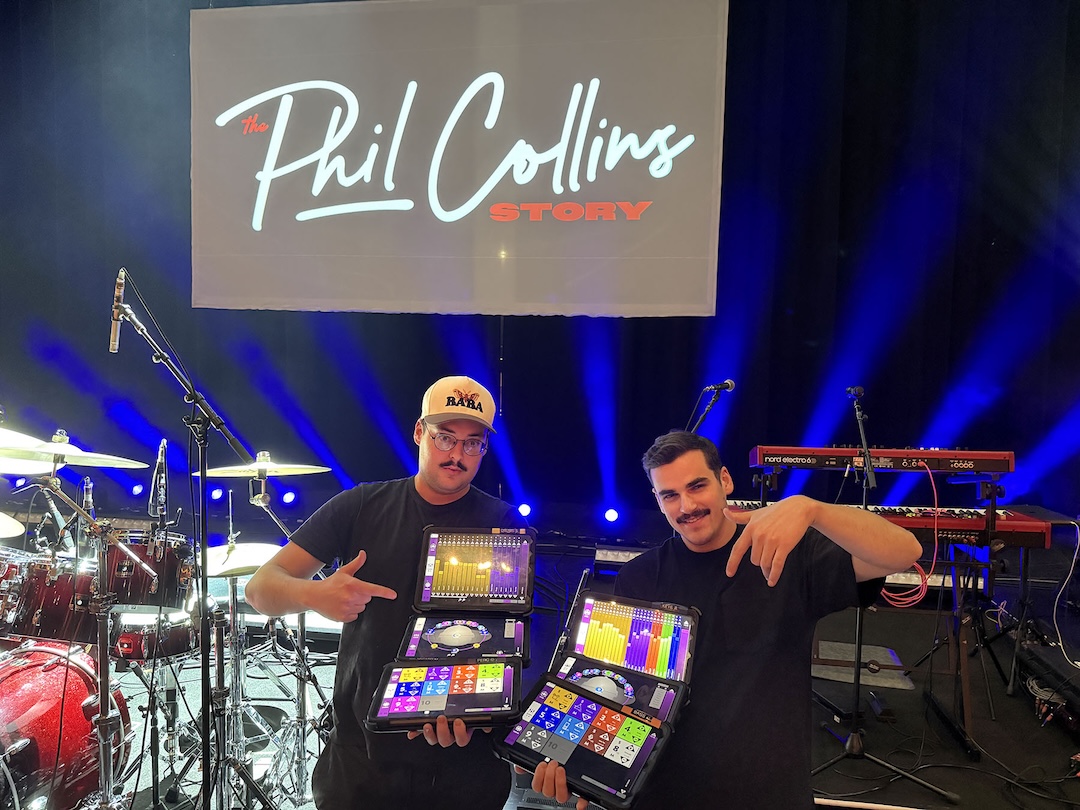 Tour A2 Ethan Ginsburg-Margo (left) and FOH engineer Ted Woolsey with two armfuls of tablets running KLANG:app