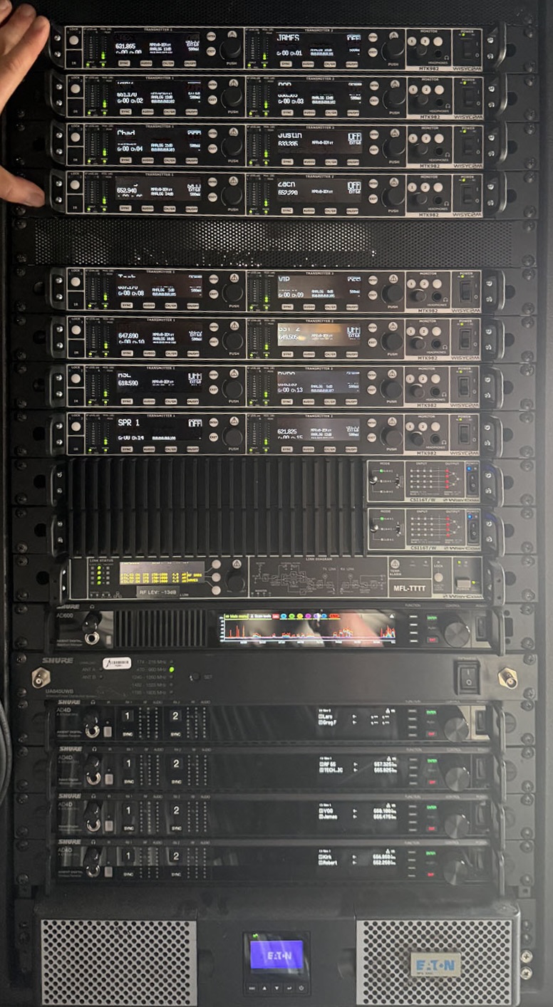 The Wisycom RF racks in Metallica's monitorworld.