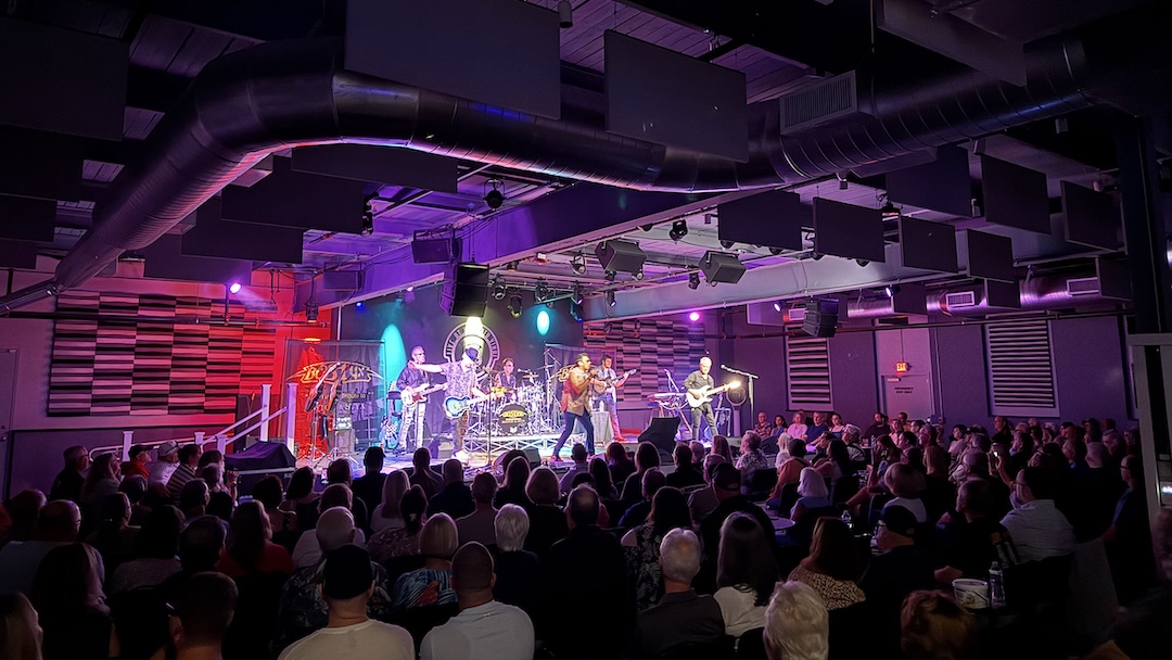 BoStyx, a tribute band honoring both Boston and Styx, performs in the Main Room at Live at Hub City Vinyl featuring a Clair Global-installed RCF P.A. system. Photo: Larry Wishard.