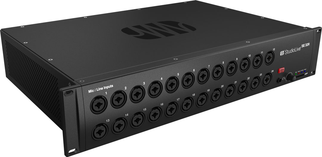 The rear panel of the SE 24R includes RCA stereo inputs, one pair of XLR main outputs, Ethernet/network connectivity, USB, a ¼-inch headphone output, an SD card slot for recording and a front-panel “Mute All” button.