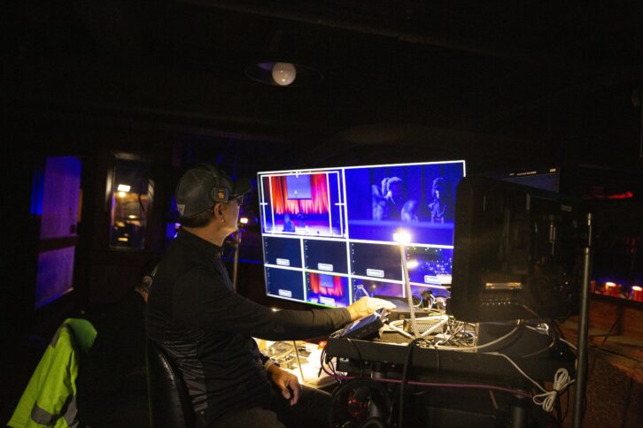 Video village multiviewer monitoring camera feeds on the David A. Arnold Netflix comedy special set