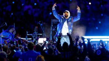 Multiple unreleased tracks by Eminem, seen here performing in Detroit last November, were allegedly leaked online in early 2025 by Joseph Strange, a former studio engineer at the rapper’s private facility. Photo: Lauren Legih Bacho/Getty Images.