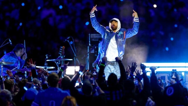 Multiple unreleased tracks by Eminem, seen here performing in Detroit last November, were allegedly leaked online in early 2025 by Joseph Strange, a former studio engineer at the rapper’s private facility. Photo: Lauren Legih Bacho/Getty Images.