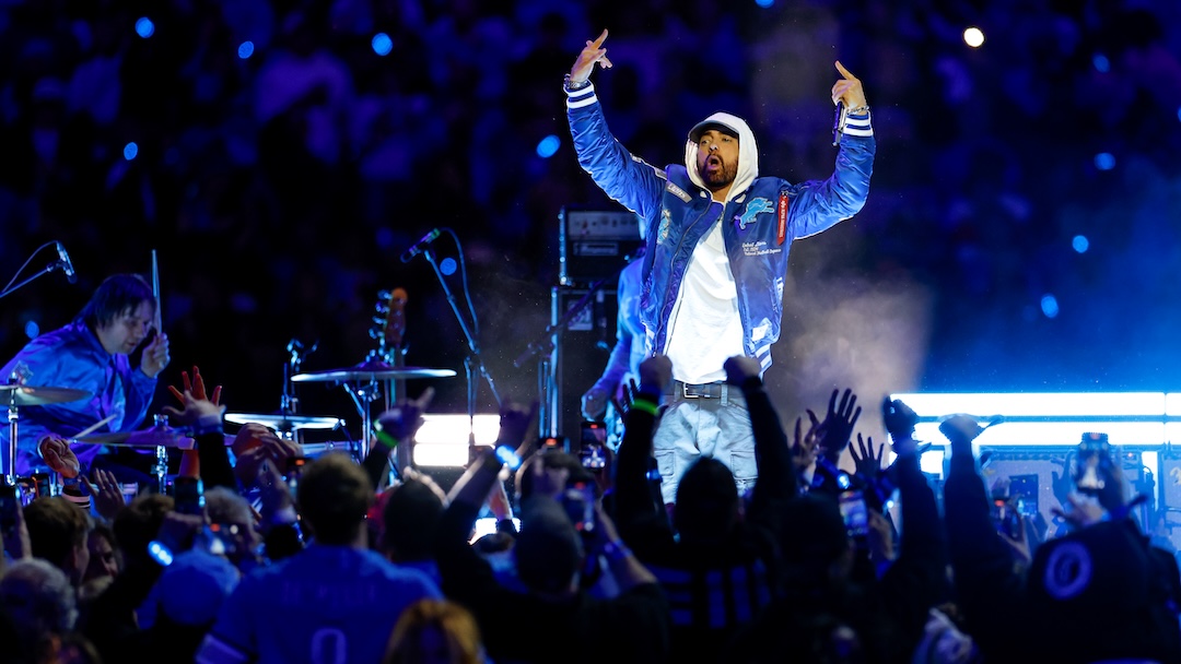 Multiple unreleased tracks by Eminem, seen here performing in Detroit last November, were allegedly leaked online in early 2025 by Joseph Strange, a former studio engineer at the rapper’s private facility. Photo: Lauren Legih Bacho/Getty Images.