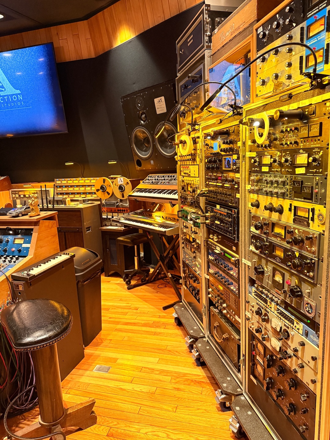 Kalmusky’s “collector” personality is evident in Addiction’s main outboard rack, which includes two Fairchild 670s, RS124’s Sphere EQs, five channels of Neve 33130 preamps, Gates Sta-Level, UA 175, 176, 177, and much more. This room/rack honors the late, great Mark Rubel. Photo: David Kalmusky.