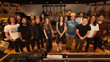 A reunion of engineers and creatives who started their careers with Kalmusky at Addiction Sound Studio and are now leading the next generation. From left: Cam Solon, engineer; Connor Theriot, engineer; Greg Sanchez, Addiction Tech; Alberto Sewald, engineer; David Kalmusky; Madison Cain, former studio partner; Carly McKillip-Savard, vocal production and engineer; Amy Peters, vocal production and engineer; Sofie Pederson, editor and engineer; J.D Halstead, assistant engineer; Ethan Barrett, head engineer; Ari Phillips, house Engineer; Roland Gnadt, assistant; David Shivers, head engineer; Bobby Louden, engineer. Photo: Brittany Rogers