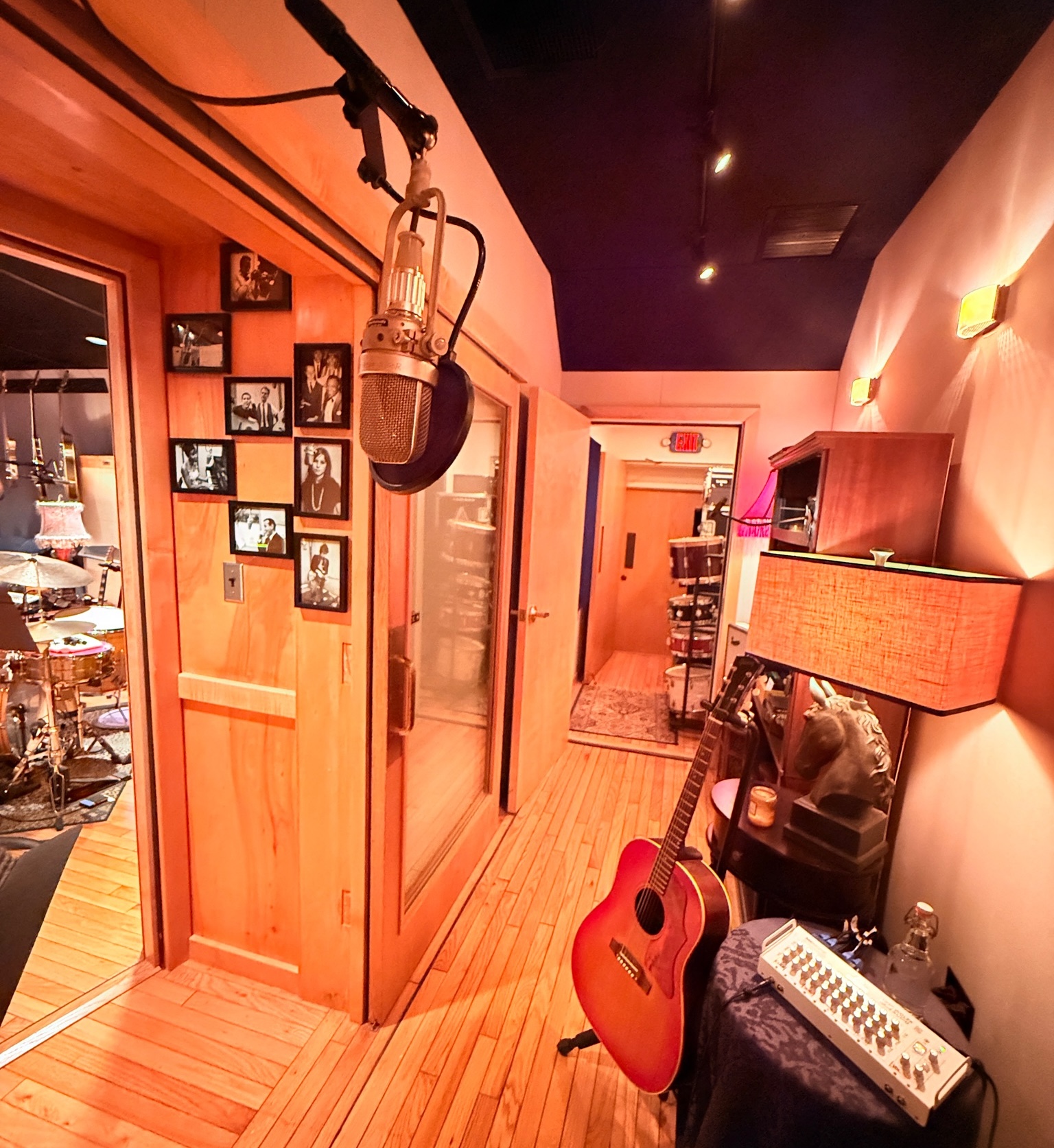 A medium-sized and flexible vocal booth to the left of the console can double as an amp closet or iso booth, with an extensive collection of vintage Neumann, Telefunken, RCA, AKG, Altec—as well as many modern Heiserman, Miktek, Royer and Lewitt—microphones. Photo: David Kalmusky.