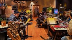 A typical recording session at Addiction Sound, this one featuring ace Nashville session players, from left: Marc Rogers (bass), David Kalmusky (guitar), Chad Cromwell (drums), Sol Littlefield (guitar), David Shivers (engineer), and Billy Justineau (keys). Photo: David Kalmusky.
