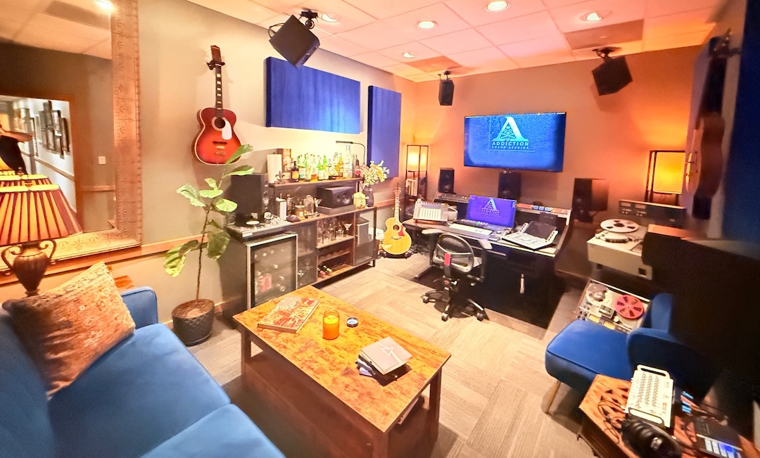 Down the hall from the main studio is the 7.1.4 Dolby Atmos mix room. Note the presence of the often-used turntable and ¼-inch tape machine. Photo: David Kalmusky.