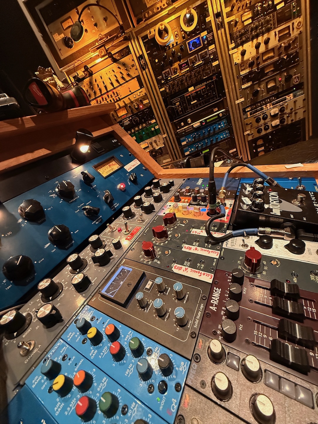 To the right of the Trident console is a “producer’s desk,” featuring TubeTech CL1b, Retro 2A3 Precision Stereo Tube EQ (on Mix Bus), Maag Air Band, SSL G Comp, Wolff Audio Tutti preamp, and Wolff Pre’s and FREQs. Photo: David Kalmusky.