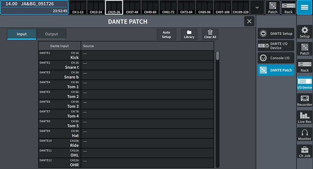 Dante patch page on the Yamaha DM7. Note that all the inputs have been unpatched.PHOTO: Steve La Cerra