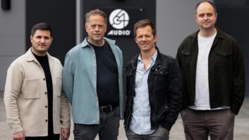 (l-r) 64 Audio’s Nick Matev (Chief Business Development Officer), Stewart Millager (Fractional CEO), Vitaliy Belonozhko (Founder); and Filipp Sklyarov (Director of Sales & Marketing) at company headquarters in Vancouver, Wash. (image courtesy of 64 Audio).
