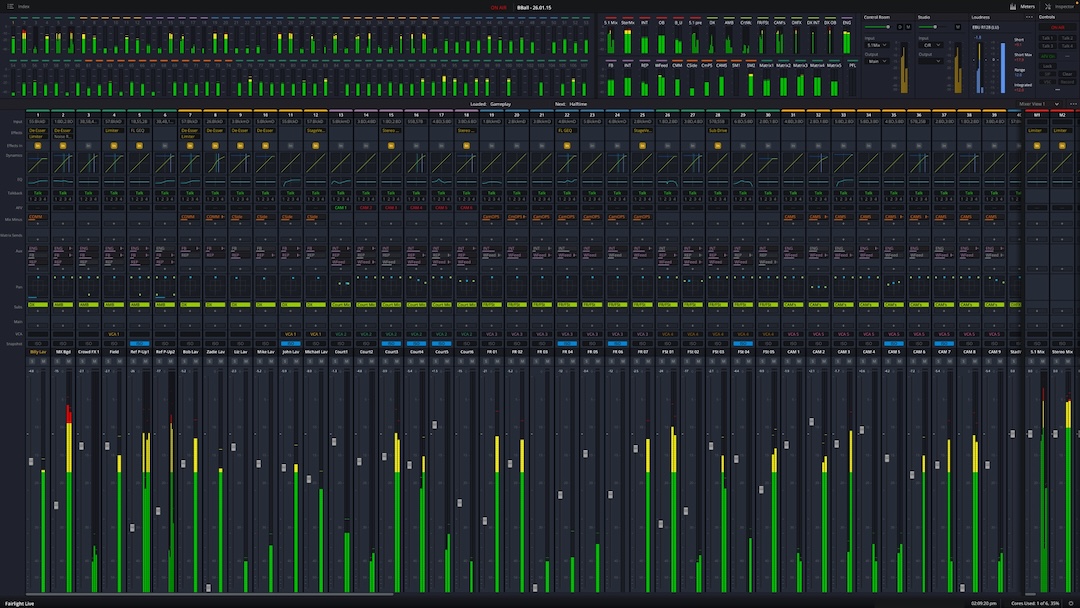 A Live Audio Panel 20 includes a large display per 10-channel bay.
