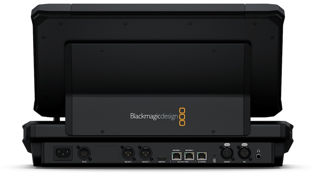 The rear of a Fairlight Live Audio Panel includes a headphone jack, mic and talkback headset XLRs, XLR speaker outs, USB, and ST 2110 A/V network and control connections, plus an HDMI connector.