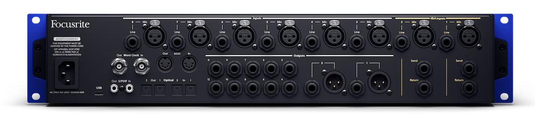 Back panel connections on the ISA C8X include (l-r): ADAT, S/PDIF, and Word Clock; 12 balanced line outputs with three monitor groups; eight fixed-gain line inputs; monitor outputs; and two balanced insert points.