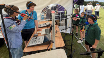 The DHD 6-fader plus 4-fader dual-console SX2 audio mixer in training mode at the Surrey Scouts SCRAM 2026 event in Walton-on-Thames.