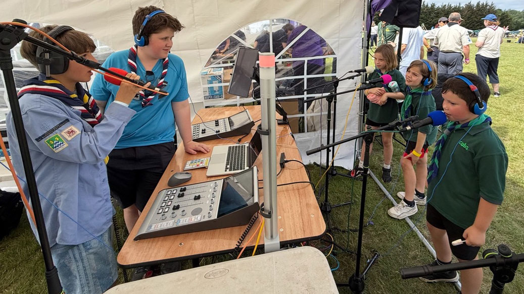 The DHD 6-fader plus 4-fader dual-console SX2 audio mixer in training mode at the Surrey Scouts SCRAM 2026 event in Walton-on-Thames.