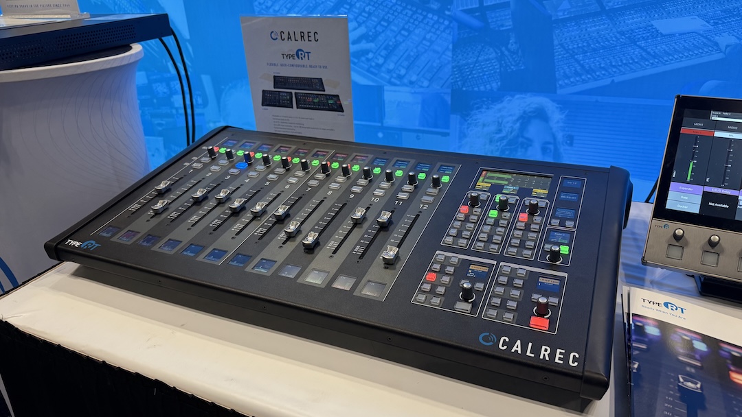 Calrec Managing Director Sid Stanley was on-hand, talking up the company’s new Apex M6 1U modular I/O platform and, seen here, its Type RT all-in-one digital broadcast console, combining DSP, control, monitoring and I/O in one unit.