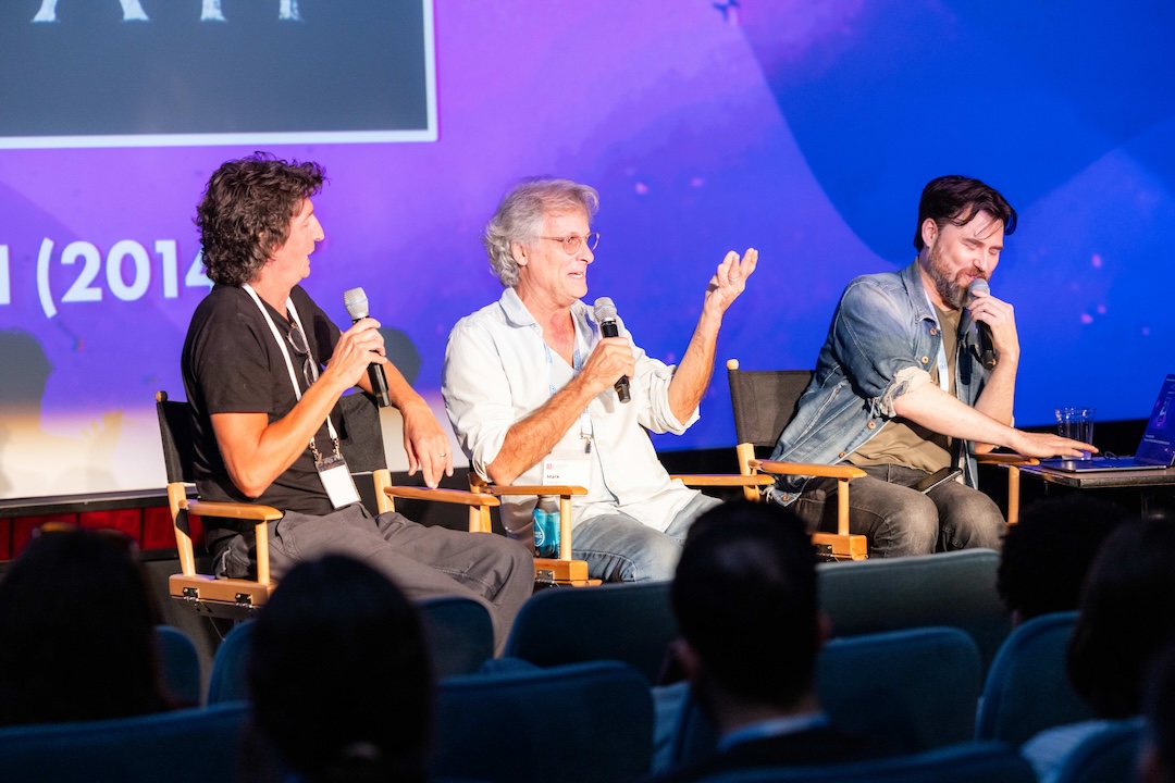 To close the day, ASG presented the popular INDEPTH LIVE: Award-Winning Sound Design Techniques With Mark Mangini and Craig Henighan, featuring, from left: Craig Henighan, Mark Mangini and moderator/host Mike James Gallagher. Photo by Dajuana Jones/smug mug.