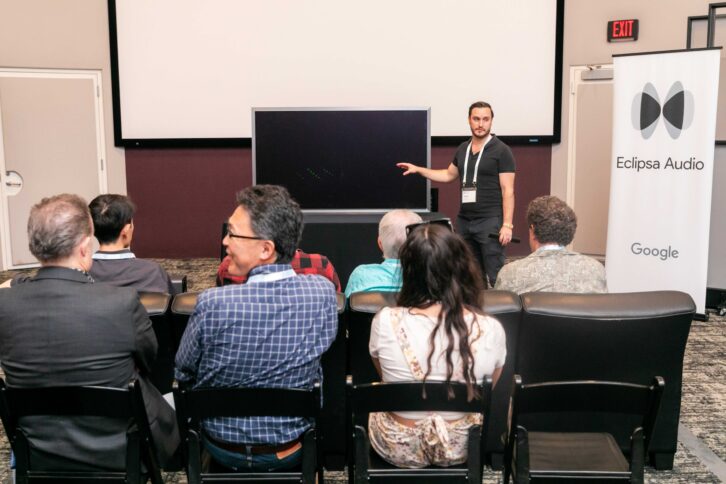 A Google Eclipsa live-streaming playback presentation, featuring a Samsung display and 7.1.4 consumer playback system. Photo by Dajuana Jones/smug mug.