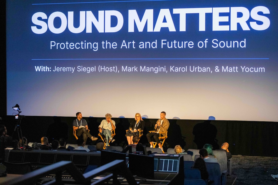 The Pro Sound Effects “Sound Matters” panel was held in the William Holden Theater and featured, left to right: Moderator Jeremy Siegel; sound designer Mark Mangini; re-recording mixer Karol Urban; and sound designer Matt Yocum. Photo by Dajuana Jones/smug mug.