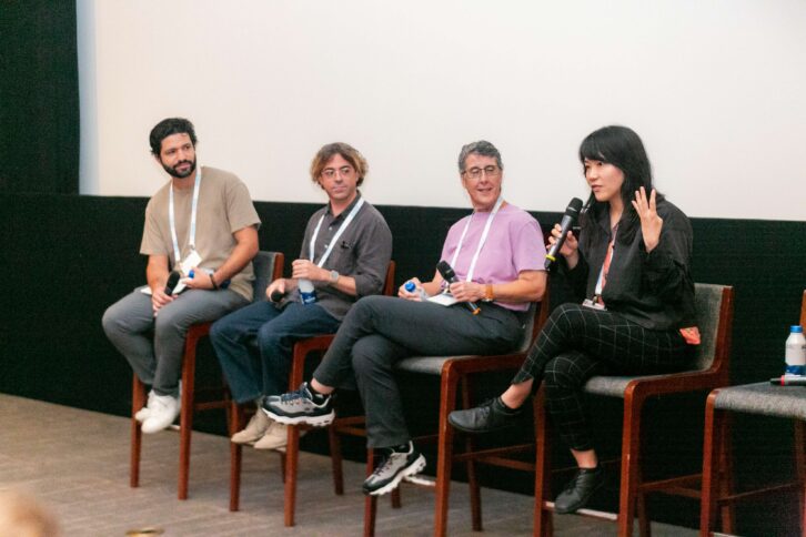 The panel “Sound on the Move: Sound Workflows That Travel With You” included supervising sound editor Rober Stambler, Sam Fan, re-recording mixer Stacey Hempel, and sound designer Olivia Zhang. Photo by Dajuana Jones/smug mug.